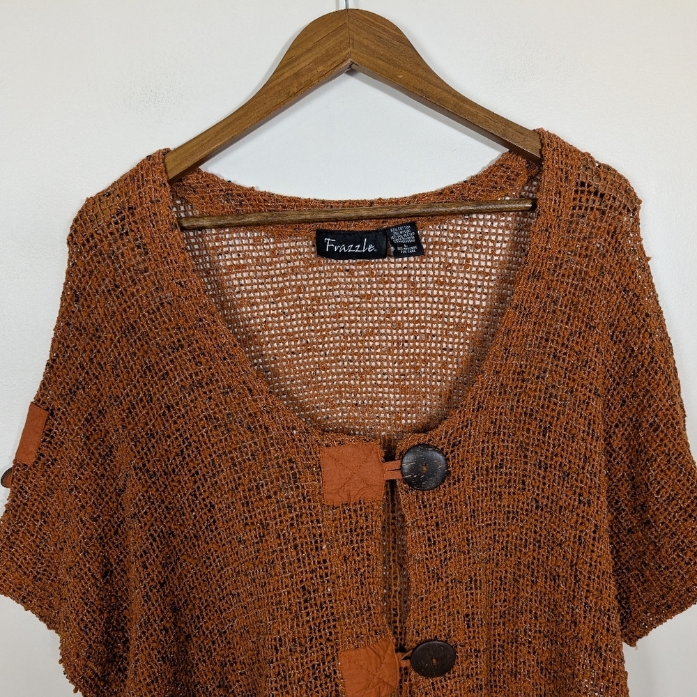VINTAGE Frazzle Burnt Orange Open Knit Art To Wear Short SleeveCardigan Sweater - Picture 2 of 7